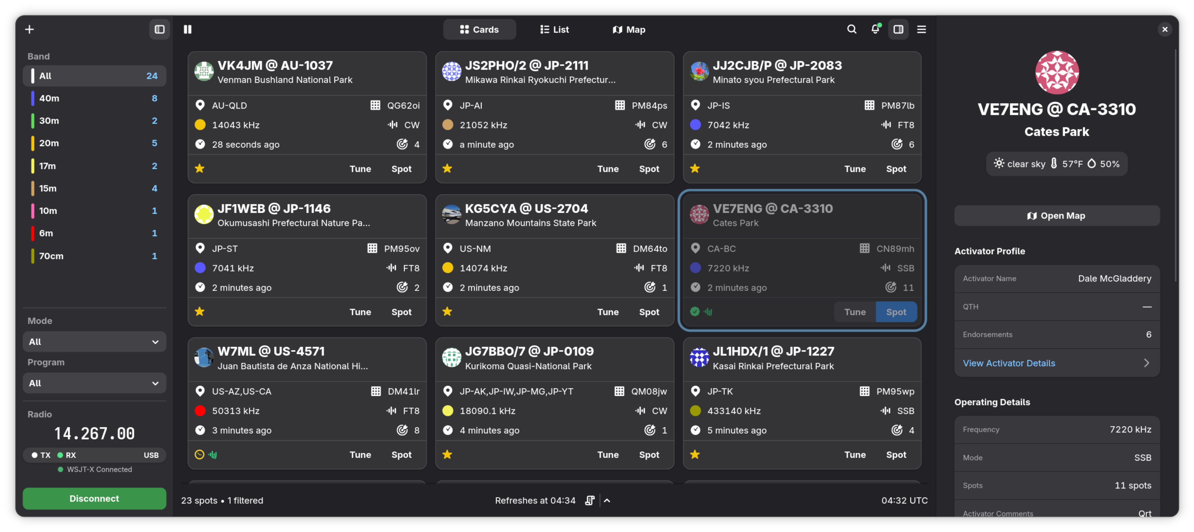 Trailwave for Linux cards view showing live Parks on the Air spots