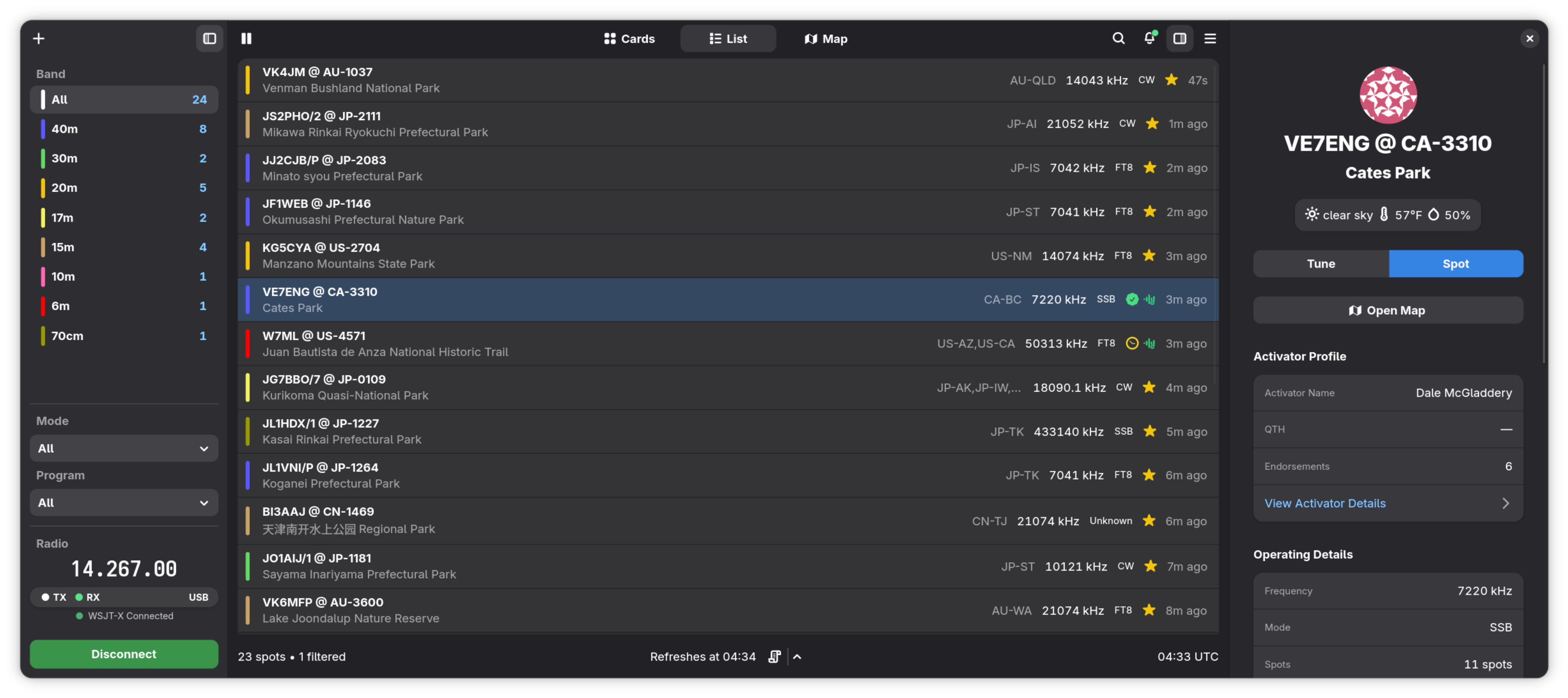 Trailwave for Linux list view showing filtered live spot activity