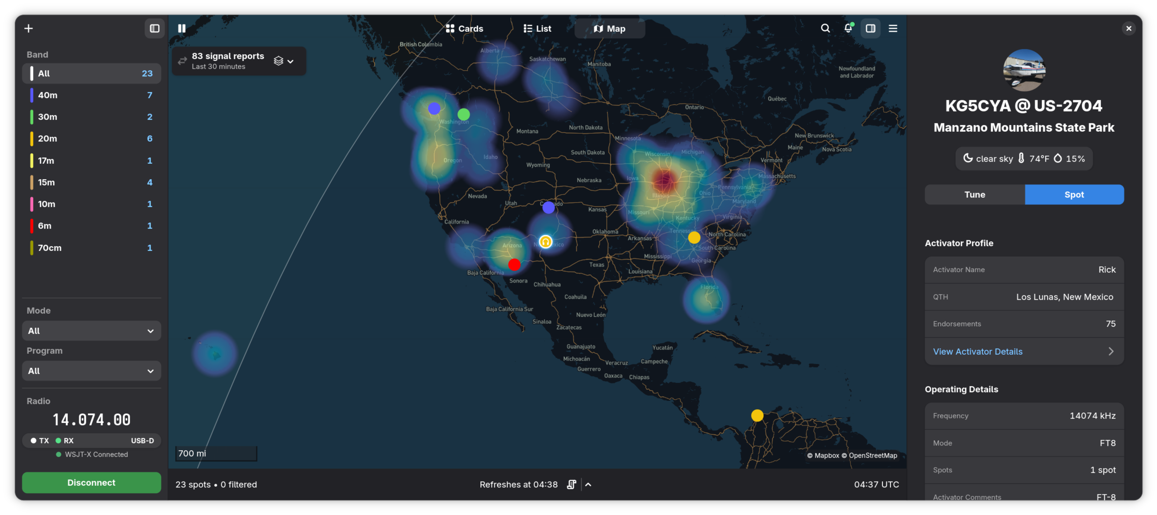 Trailwave for Linux map view showing current park activity