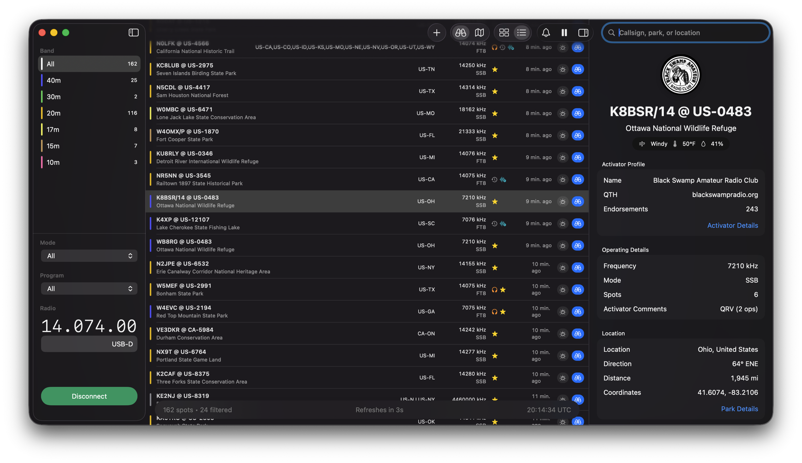 Trailwave list view showing filtered live spot activity